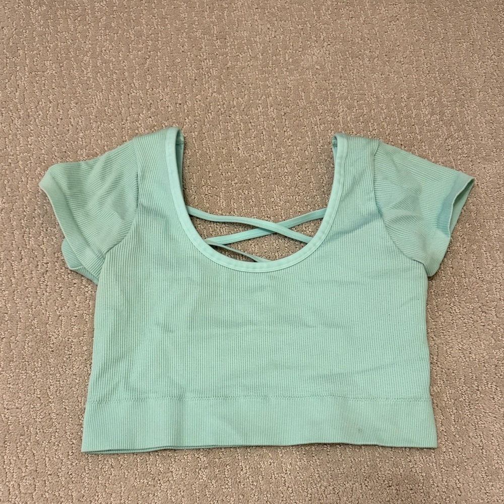 Offline Aerie Teal Ribbed Scoop Neck Cropped Criss Cross Back Tshirt  XL Stretch